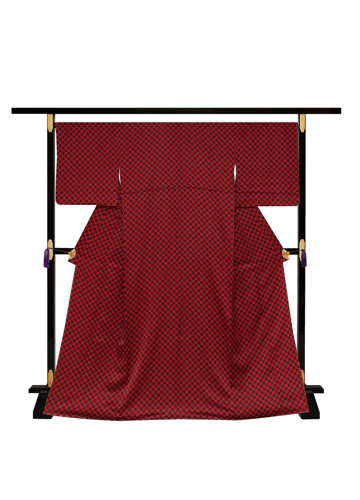 市松模様　小紋　着物　きもの　赤　赤地　赤黒　個性柄　綸子　りんず